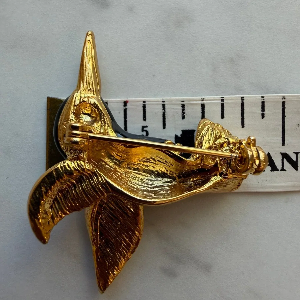 Hummingbird Brooch Enamel‎ Rhinestone Gold Tone Green Black Bird Pin 2 Inch